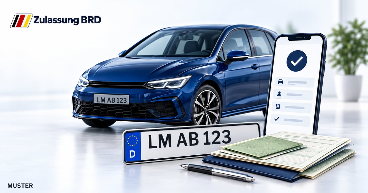 Online Fahrzeugzulassung in Hadamar: Musterkennzeichen LM AB 123, Auto und Fahrzeugpapiere und Smartphone. Illustration mit Logo von Zulassung BRD.